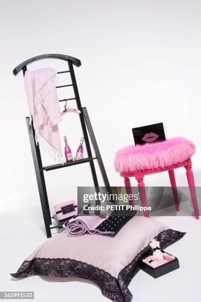 Pink And Black, Let'S Marry Them!. Illustration décoration rose et noir : le boudoir Cintre en satin rose et boîte de sachets de thé, Nolita Plaid...