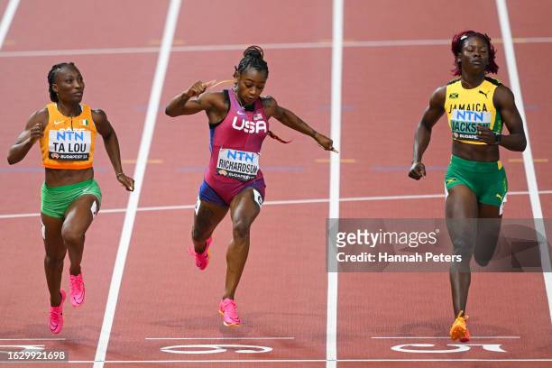 Marie-Josee Ta Lou of Team Ivory Coast, Sha'Carri Richardson of Team United States and Shericka Jackson of Team Jamaica compete in the Women's 100m...