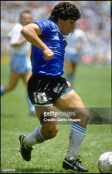 Diego Maradona of Argentina in action during the World Cup quarter-final against England at the Azteca Stadium in Mexico City. Argentina won the...
