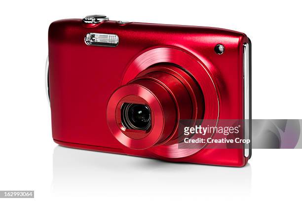 front view of red digital camera - digitale camera stockfoto's en -beelden