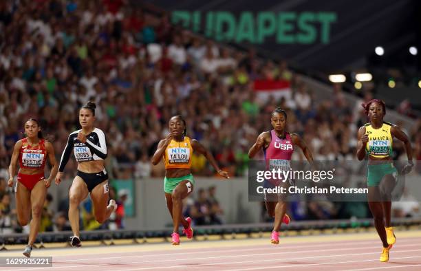 Zoe Hobbs of Team New Zealand, Marie-Josee Ta Lou of Team Ivory Coast, Sha'Carri Richardson of Team United States, and Shericka Jackson of Team...