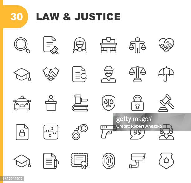 ilustraciones, imágenes clip art, dibujos animados e iconos de stock de iconos de la línea de ley y justicia. trazo editable. contiene iconos tales como acuerdo, abogado, constitución, sala de audiencias, igualdad, huella digital, gobierno, seguro, juez, jurado, sistema legal, policía, política, prisión, protesta, segurid - dispositivo de control