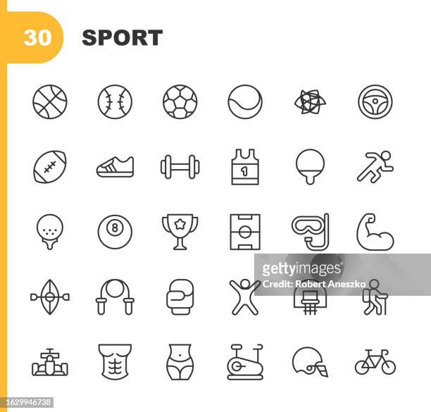 sport line icons. editable stroke. pixel perfect. for mobile and web. contains such icons as athlete, basketball, biking, bodybuilding, box, fitness, football, golf, gym, hiking, kayak, olympics, pool, racing, running, soccer, swimming, team, tennis. - rugby icon stock illustrations