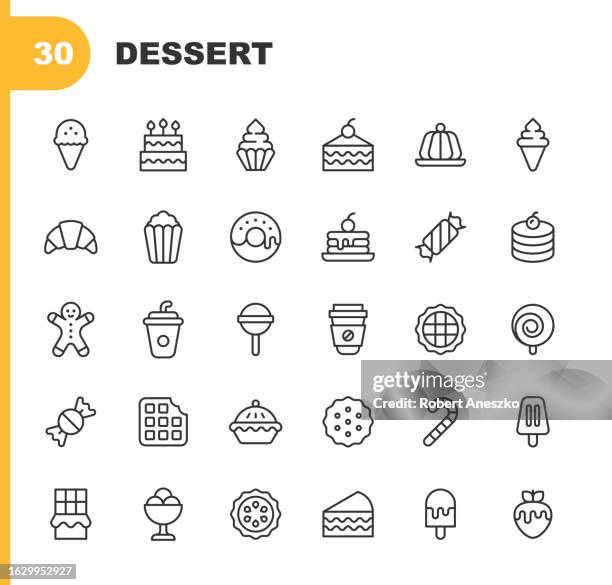 dessert linie icons. bearbeitbarer strich. enthält symboleweise apfelkuchen, backen, geburtstag, keks, brownie, kuchen, süßigkeiten, cookie, kochen, croissant, dessert, donut, essen, eis, lollipop, pie, popcorn, restaurant, zucker, waffelschokolade. - soirée mousse stock-grafiken, -clipart, -cartoons und -symbole