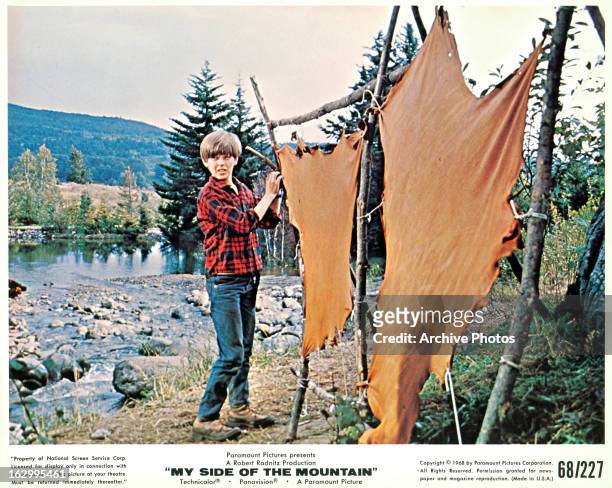 Ted Eccles hangs hides in a scene from the film 'My Side Of The Mountain', 1969.
