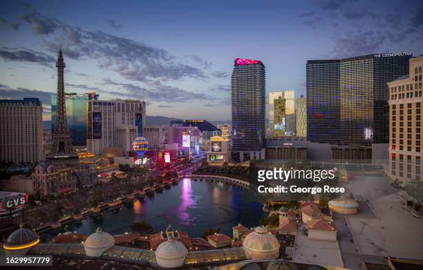 The Bellagio Hotel & Casino's water fountain lake is viewed from Caesars Palace Hotel & Casino on August 13, 2023 in Las Vegas, Nevada. Tourism in...