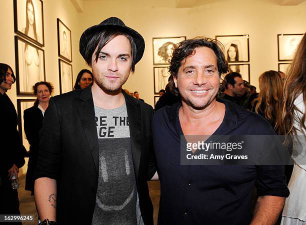 Thomas Dekker and Samuel Bayer attend the Samuel Bayer Ace Gallery Exhibit Opening, presented by Panavision at Ace Gallery on March 2, 2013 in...