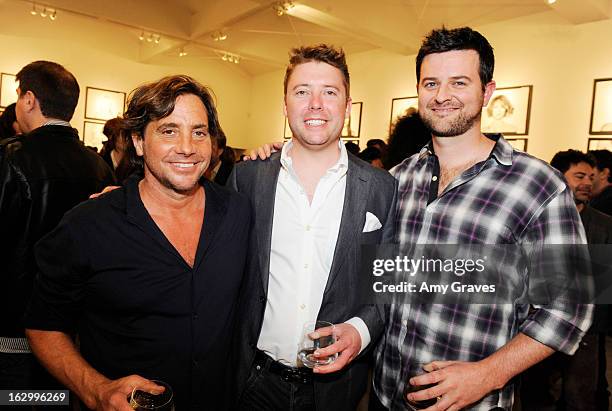 Samuel Bayer, Michael Esola and Zack Andrews attend the Samuel Bayer Ace Gallery Exhibit Opening, presented by Panavision at Ace Gallery on March 2,...