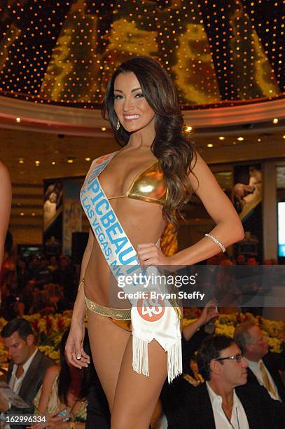 Jennifer DeCillis of Nevada competes in the third annual TropicBeauty World Finals at the MGM Grand Hotel/Casino on March 2, 2013 in Las Vegas,...