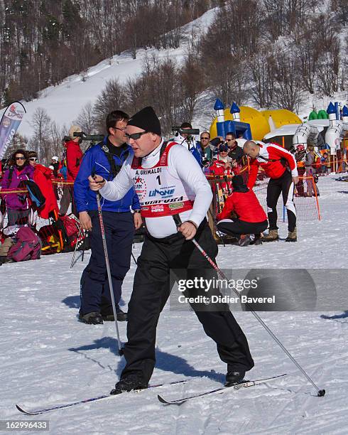 Prince Albert II of Monaco races during the Biatlhon Charity Ski Race To Collect Donations For 'Star Team For The Children MC' on March 2, 2013 in...