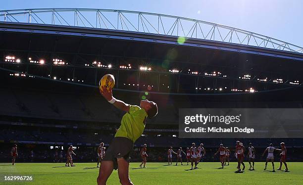 Boundary umpire throws the ball back into play during the round two AFL NAB Cup match between the St Kilda Saints and the Sydney Swans at Etihad...