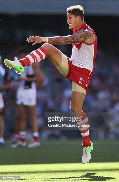 Jesse White of the Sydney Swans kicks the ball during the round two AFL NAB Cup match between the St Kilda Saints and the Sydney Swans at Etihad...