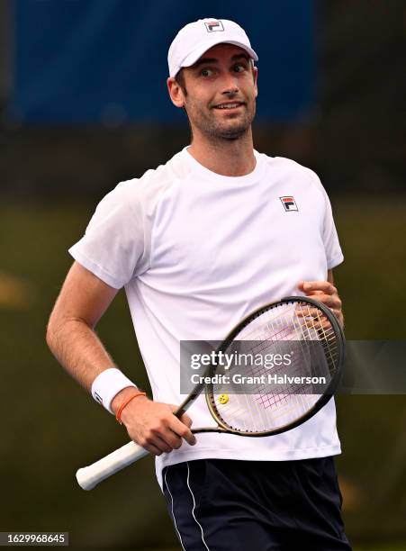 Quentin Halys of France reacts during his match against Facundo Diaz Acosta of Argentina during Day Two of the Winston-Salem Open at Wake Forest...