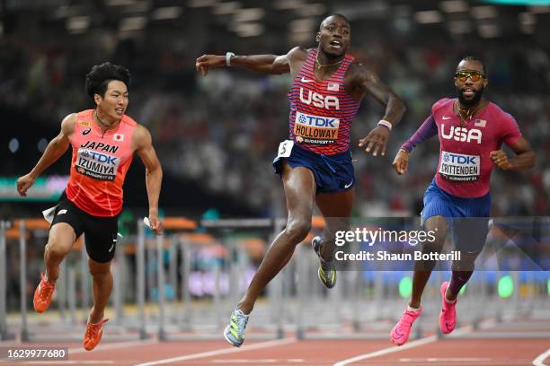 Grant Holloway of Team United States wins the Men's 110m Hurdles Final during day three of the World Athletics Championships Budapest 2023 at...