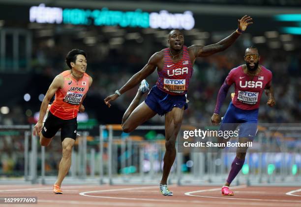 Grant Holloway of Team United States wins the Men's 110m Hurdles Final during day three of the World Athletics Championships Budapest 2023 at...