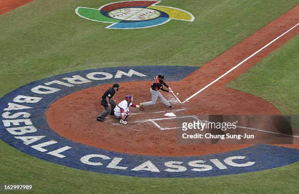 Andrelton Simmons of Netherlands bats in the third inning during the World Baseball Classic First Round Group B match between the Netherland and...
