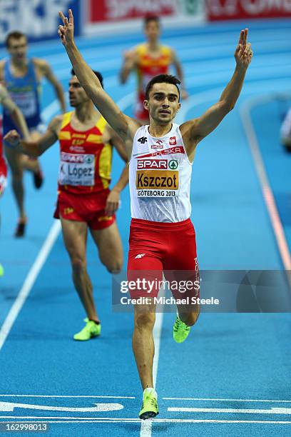 Adam Kszczot of Poland crosses the line to win gold in the Men's 800m Final during day three of European Indoor Athletics at Scandinavium on March 3,...