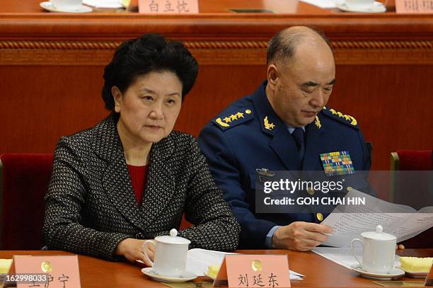 Chinese State Councilor Liu Yandong and Vice-Chairman of the Central Military Commission of CPC Xu Qiliang attend the opening session of the Chinese...