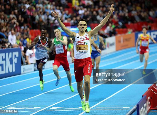 Adam Kszczot of Poland crosses the line to win gold in the Men's 800m Final during day three of European Indoor Athletics at Scandinavium on March 3,...
