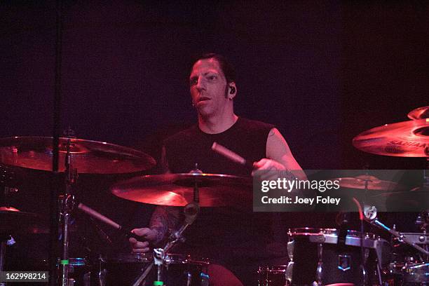 Drummer Michael McDermott of The Bouncing Souls performs in concert at Egyptian Room at Old National Centre on March 2, 2013 in Indianapolis, Indiana.