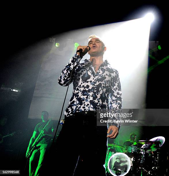 Singer Morrissey performs at Hollywood High School on March 2, 2013 in Los Angeles, California.