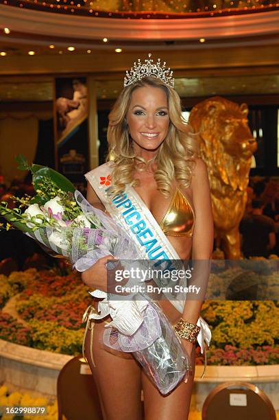 Miss TropicBeauty 2013 Linda Zimany of Hungary appears at the third annual TropicBeauty World Finals at the MGM Grand Hotel/Casino on March 2, 2013...