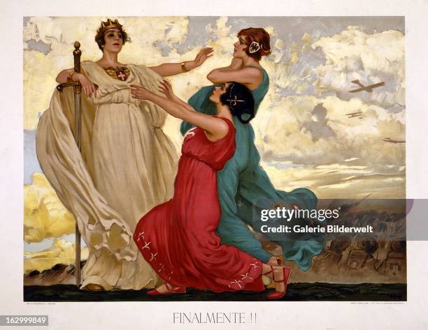 World War I, Italian propaganda poster showing a woman in a red gown and a woman in a green gown kneeling before a woman in white gown and crown and...