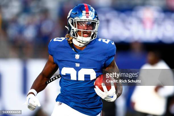 Darnay Holmes of the New York Giants during warm ups before a pre-season football game against the Carolina Panthers at MetLife Stadium on August 18,...