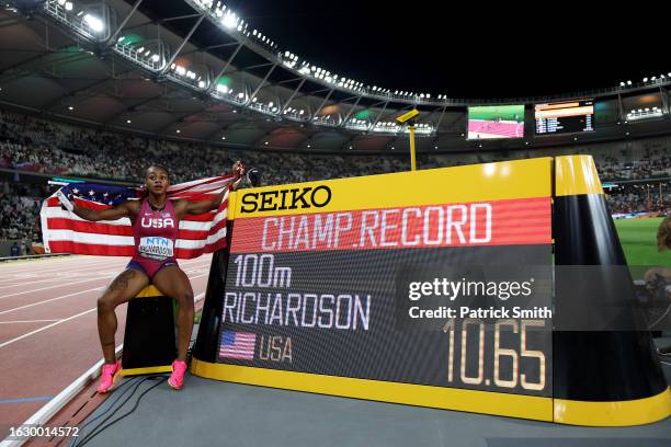 Sha'Carri Richardson of Team United States celebrates winning the Women's 100m Final and setting a new championship record during day three of the...