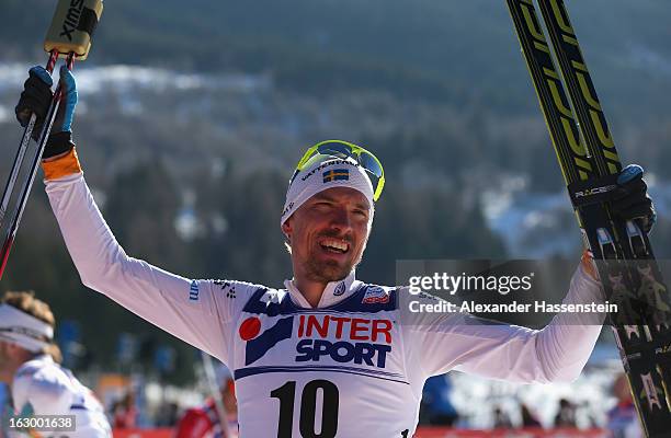 Johan Olsson of Sweden celebrates victory in the Men's 50Km Cross Country Mass Start at the FIS Nordic World Ski Championships on March 3, 2013 in...