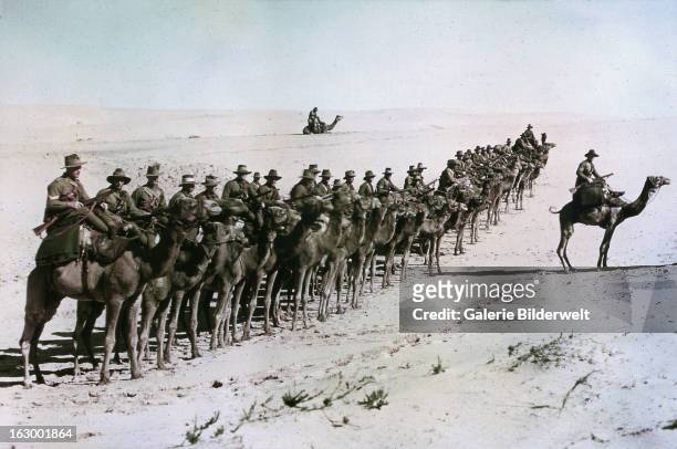 Australians of the Imperial Camel Corps near Rafa during the war against the Ottoman Empire. 26th January 1918. Middle Eastern theatre of World War...