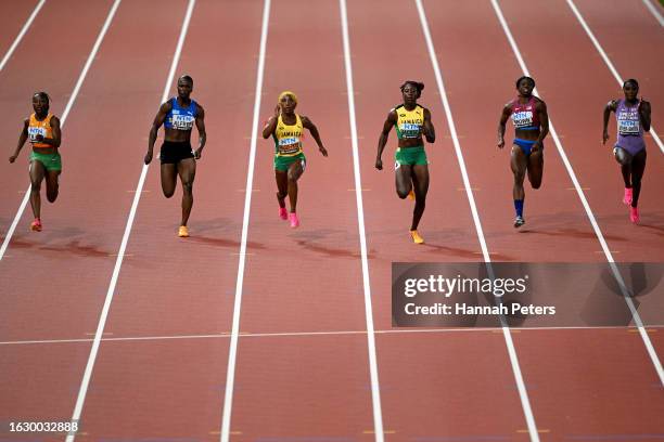 Marie-Josee Ta Lou of Team Ivory Coast, Julien Alfred of Team Saint Lucia, Shelly-Ann Fraser-Pryce of Team Jamaica, Shericka Jackson of Team Jamaica,...