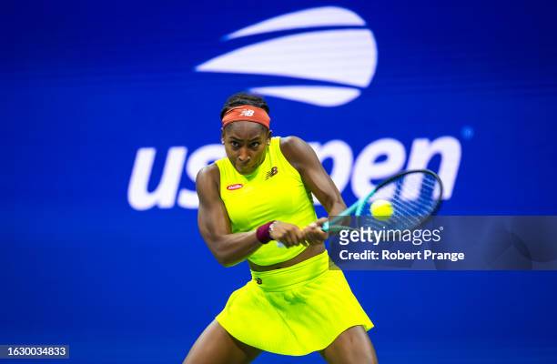 Coco Gauff of the United States in action against Laura Siegemund of Germany during the first round on Day 1 of the US Open at USTA Billie Jean King...