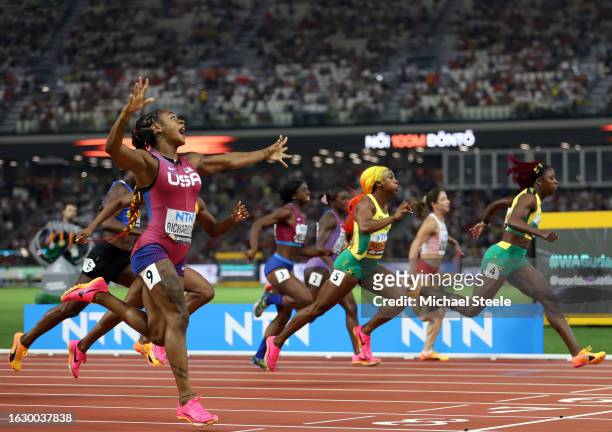 Sha'Carri Richardson of Team United States crosses the finish line to win the Women's 100m Final during day three of the World Athletics...