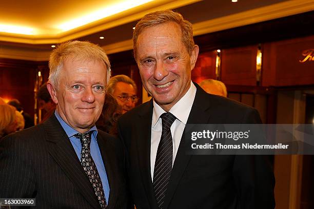 Fritz Kuhn and Dieter Spoeri pose during the celebration of the 80th birthday of Gerhard Mayer-Vorfelder at the Schlossgartenhotel on March 3, 2013...