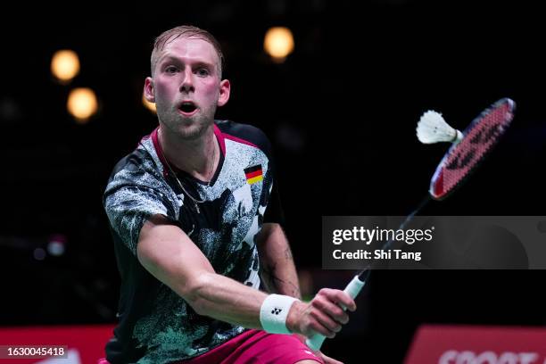 Max Weisskirchen of Germany looks on as he hits the shuttle in the Men's Singles First Round match against Lee Cheuk Yiu of Hong Kong on day one of...