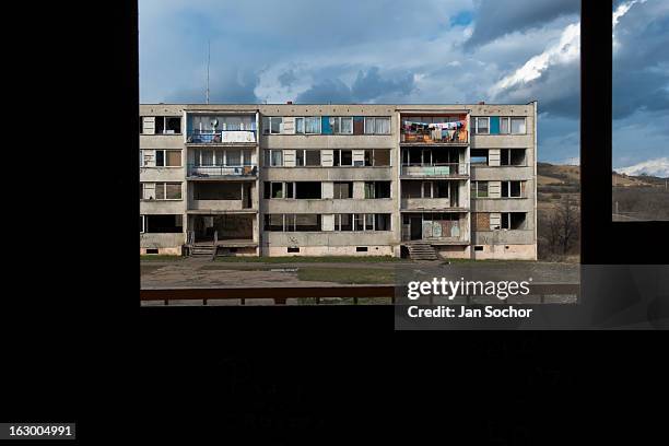 Devastated apartment block seen through an empty window in the Gipsy ghetto of Chanov on outskirts of Most, Czech Republic, 22 March 2008.