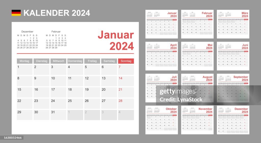 Month German German Calendar For 2024 Week Starts On Monday Simple Vector Template ...