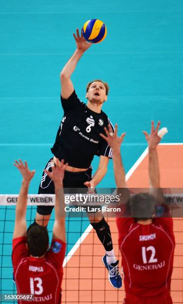 Steve Keir of Moers hits the ball during the DVV Cup Final match between Moerser SC and Generali Haching at Gerry Weber Stadion on March 3, 2013 in...