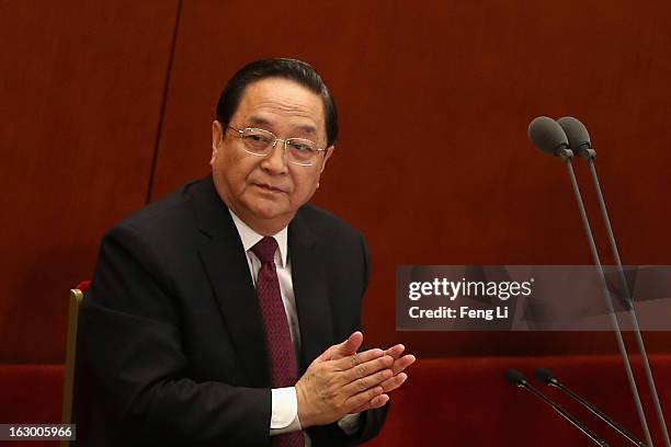 Delegate Yu Zhengsheng, one of the members of new seven-seat Politburo Standing Committee, attends the opening session of the Chinese People's...