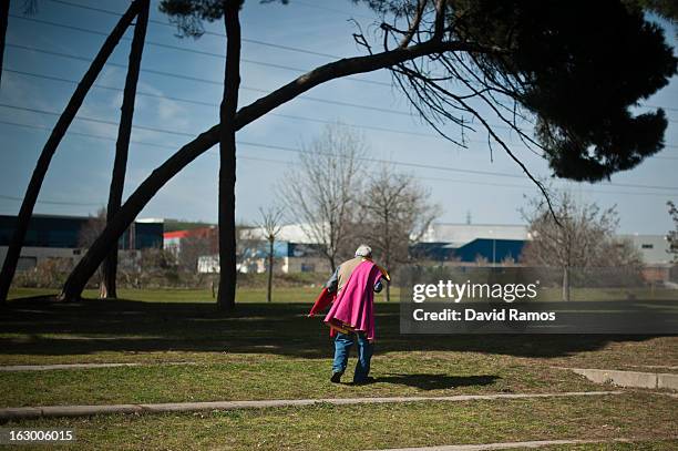 Pedro Beltran carries his cape after practicing bullfighting in a city park in Santa Perpetua de la Mogoda on March 3, 2013 in Barcelona, Spain. On...