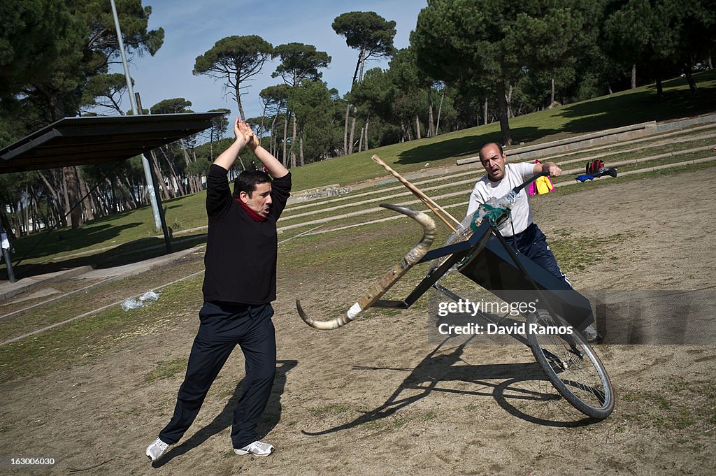 Bullfighting Enthusiasts Practice Bullfighting In Barcelona