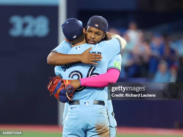 August 28 The Jays Vladimir Guerrero Jr and Davis Schneider have a hug to celebrate the win. The Toronto Blue Jays beat the Washington Nationals 6-3...