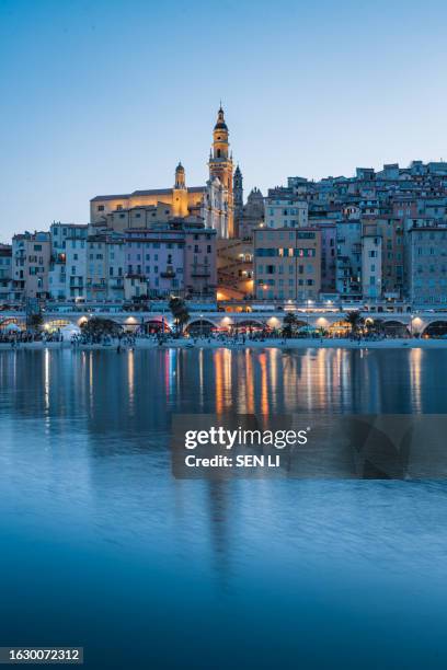 cityscape of menton at night, a historic town in the provence-alpes-côte d'azur region on the french riviera - south region stock pictures, royalty-free photos & images