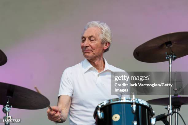 British drummer Charlie Watts performs with his band, the ABC&D of Boogie Woogie, at 'Midsummer Night Swing' at Damrosch Park Bandshell, Lincoln...