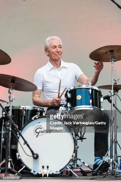 British drummer Charlie Watts performs with his band, the ABC&D of Boogie Woogie, at 'Midsummer Night Swing' at Damrosch Park Bandshell, Lincoln...