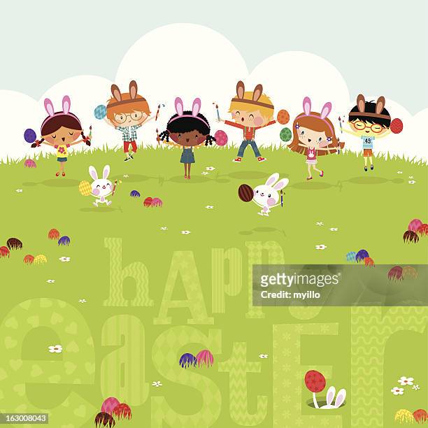 ilustraciones, imágenes clip art, dibujos animados e iconos de stock de huevos de pascua feliz niños juegan bunny monada ilustración vectorial myillo - salto de altura
