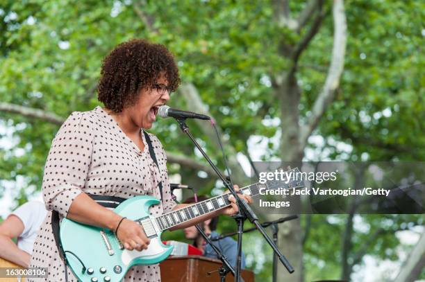 American musician Brittany Howard, of the rock group Alabama Shakes, plays guitar and and sings onstage at Central Park SummerStage, New York, New...