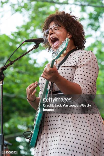 American musician Brittany Howard, of the rock group Alabama Shakes, plays guitar and and sings onstage at Central Park SummerStage, New York, New...