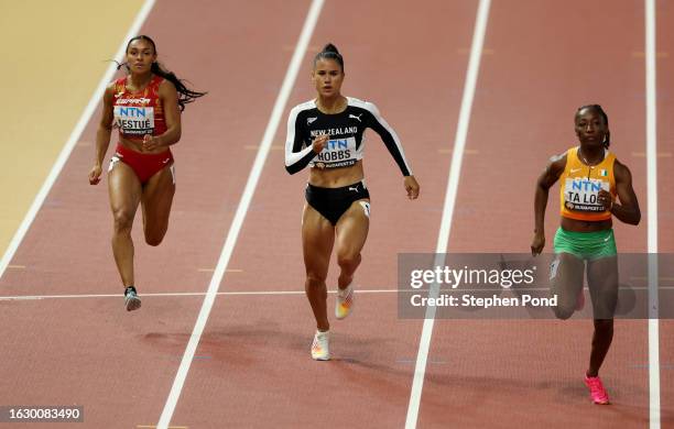 Zoe Hobbs of Team New Zealand competes in the Women's 100m Semi-Final during day three of the World Athletics Championships Budapest 2023 at National...